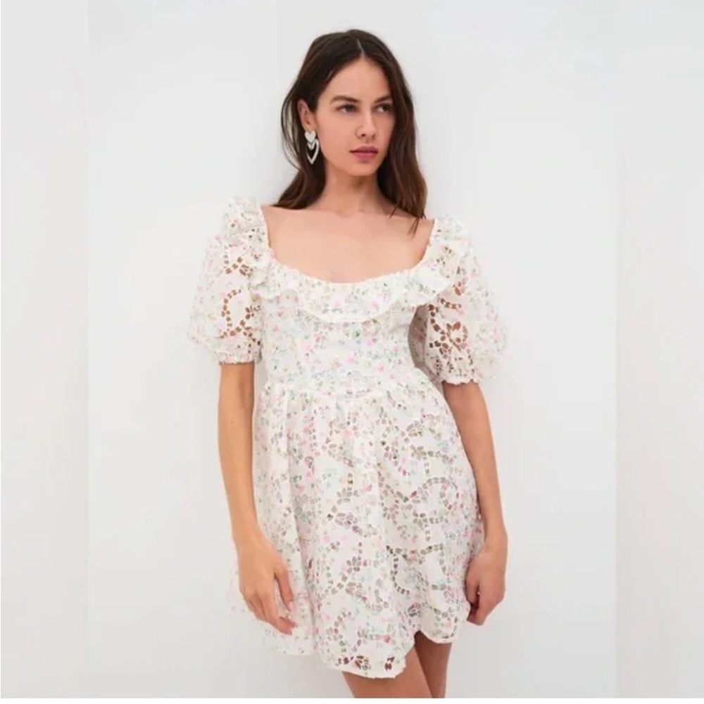 For Love and Lemons Revolve White Pink Eyelet Floral Dress Square Neck Size M